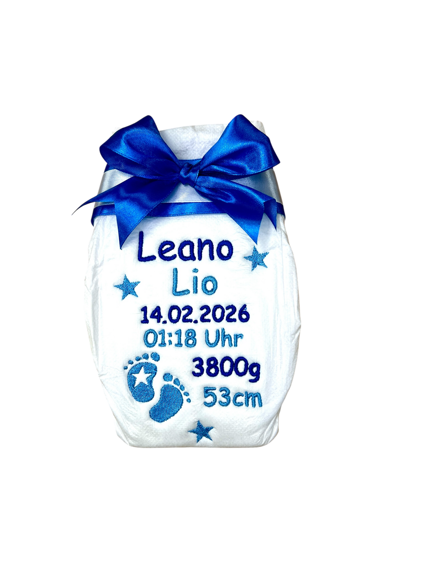 Bestickte Windel mit Name und Geburtsdaten, Sterne und Füße, Geschenk zur Geburt