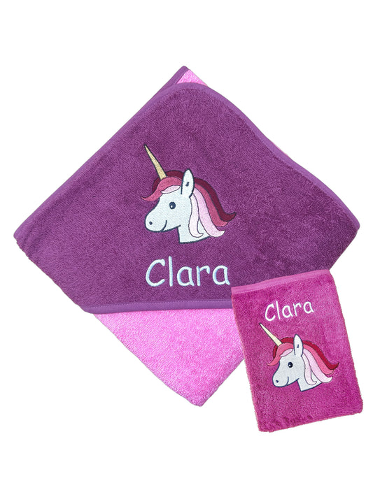 Geschenkset Kapuzenhandtuch 100x100 cm und Waschlappen, Set in pink/mauve mit Name und Einhorn-Motiv, Geschenk zur Geburt