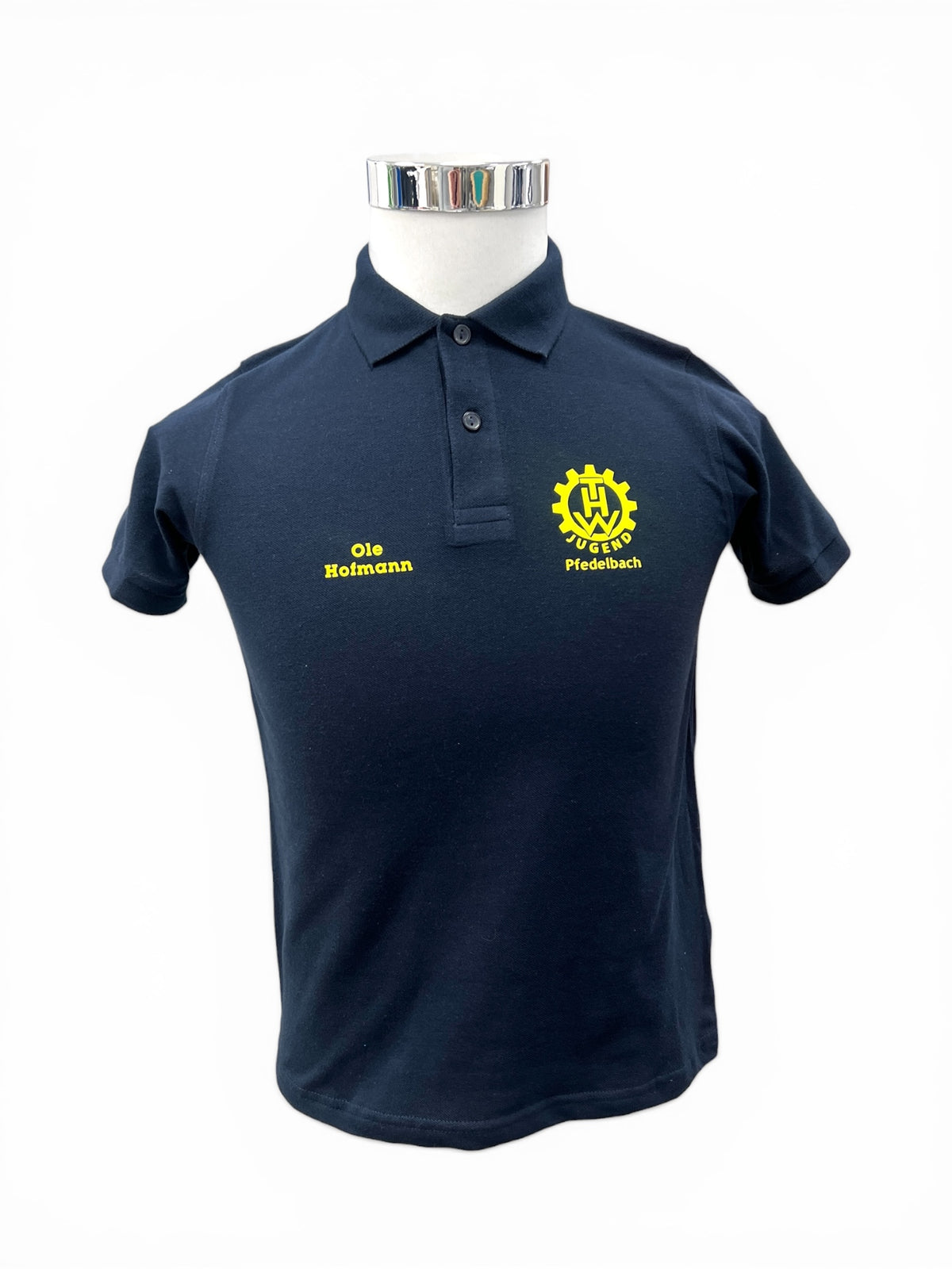 THW Jugend Poloshirt, marineblau, neongelb bedruckt - personalisierbar