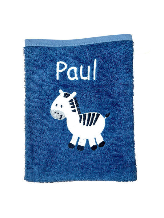 Baby Waschlappen, dunkelblau mit Zebra-Motiv und Name bestickt, aus Baumwolle