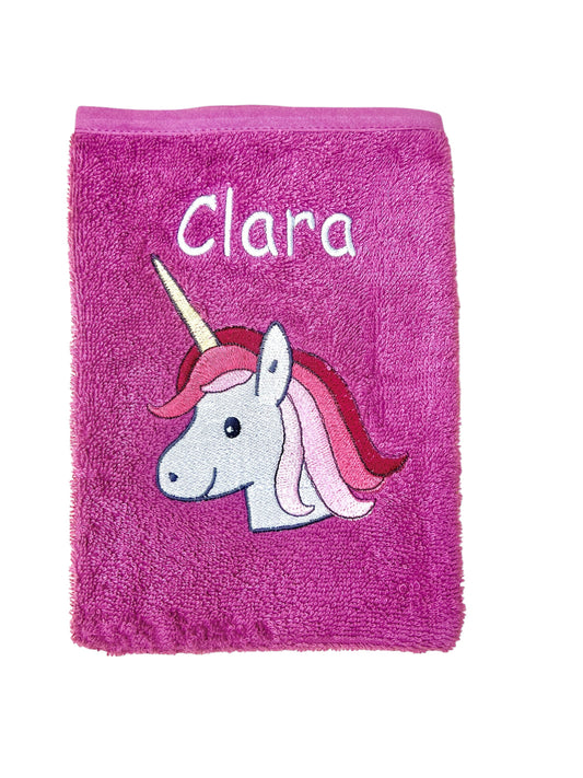 Baby Waschlappen, pink mit Einhorn-Motiv und Name bestickt, aus Baumwolle