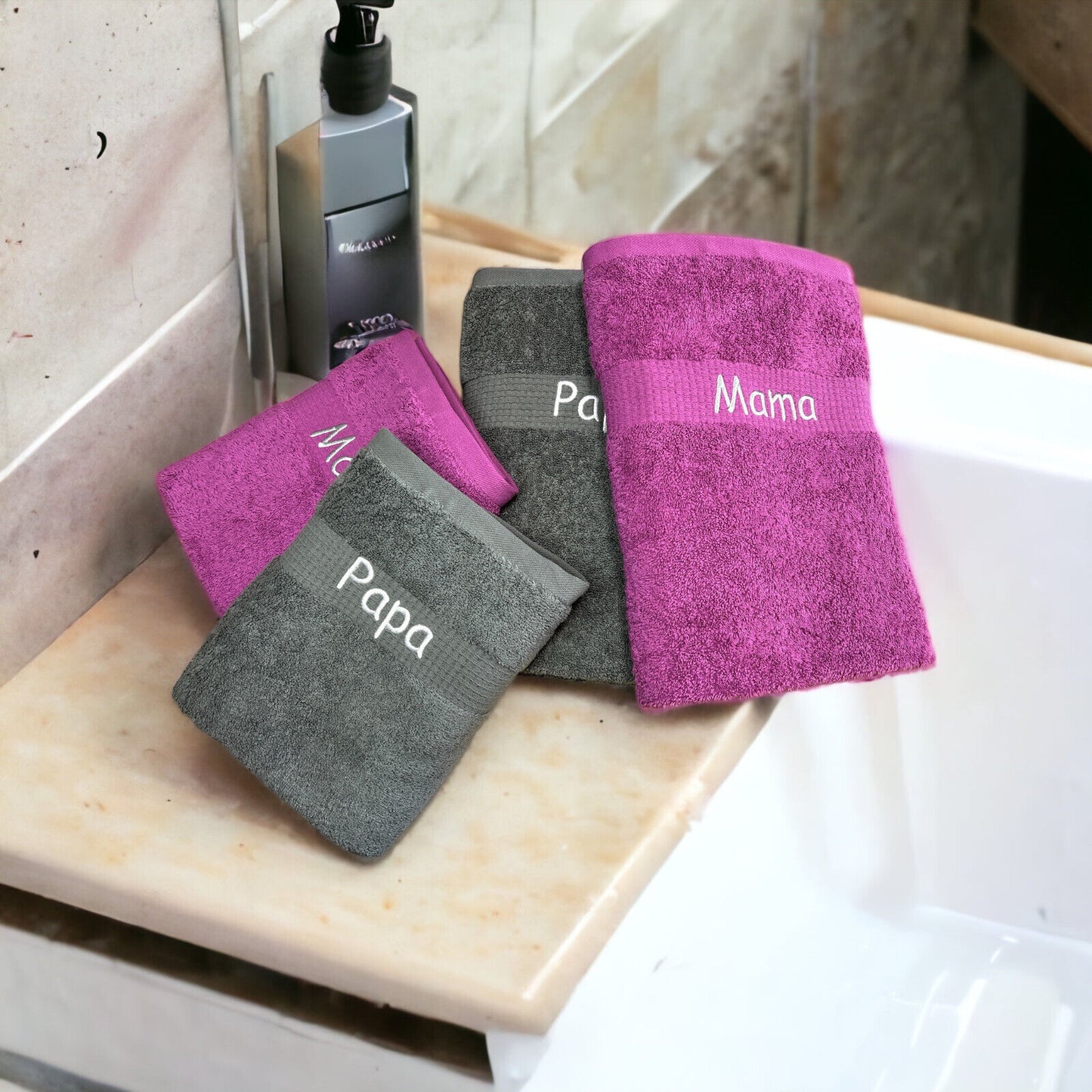 Handtuch Set mit Name auf Bordüre bestickt, Duschhandtuch, Gästehandtuch, Sauna