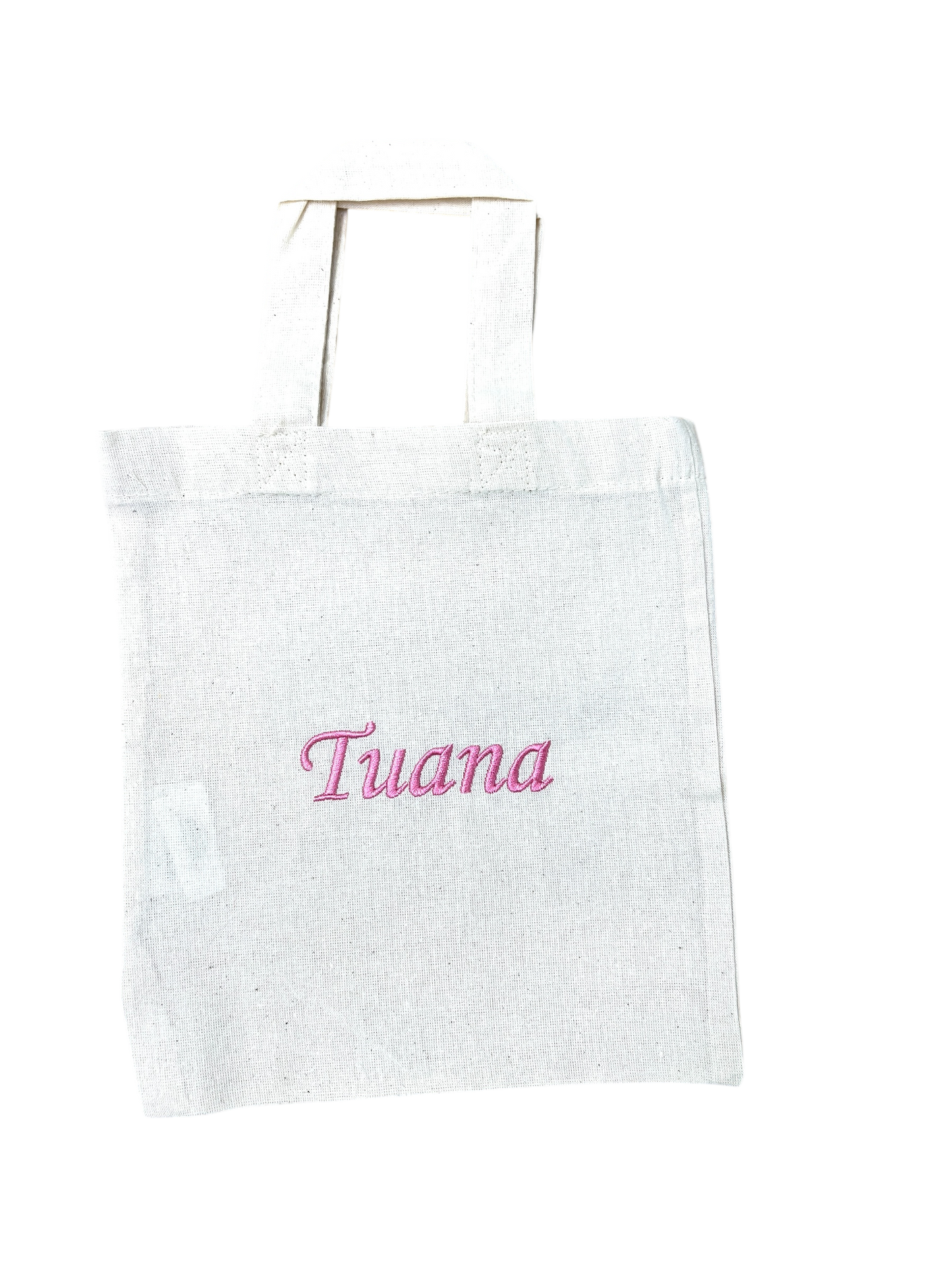 Personalisierte kleine weiße Baumwolltasche mit Wunschnamen oder Wunschtext bestickt, 100% Baumwolle, Geschenkverpackung