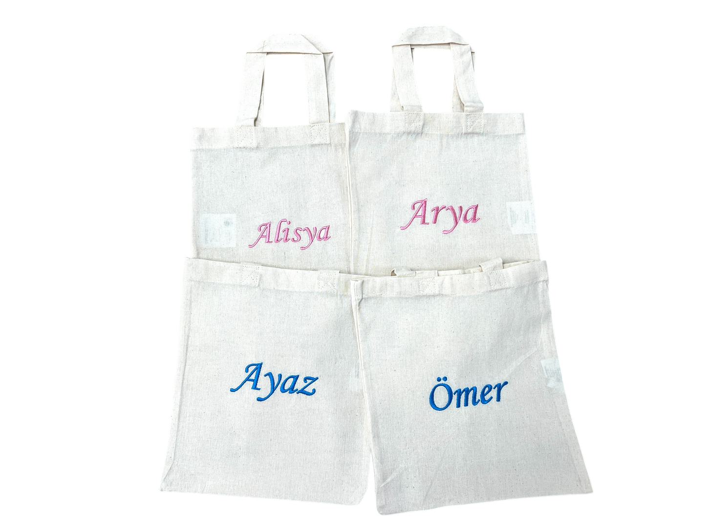 Personalisierte kleine weiße Baumwolltasche mit Wunschnamen oder Wunschtext bestickt, 100% Baumwolle, Geschenkverpackung