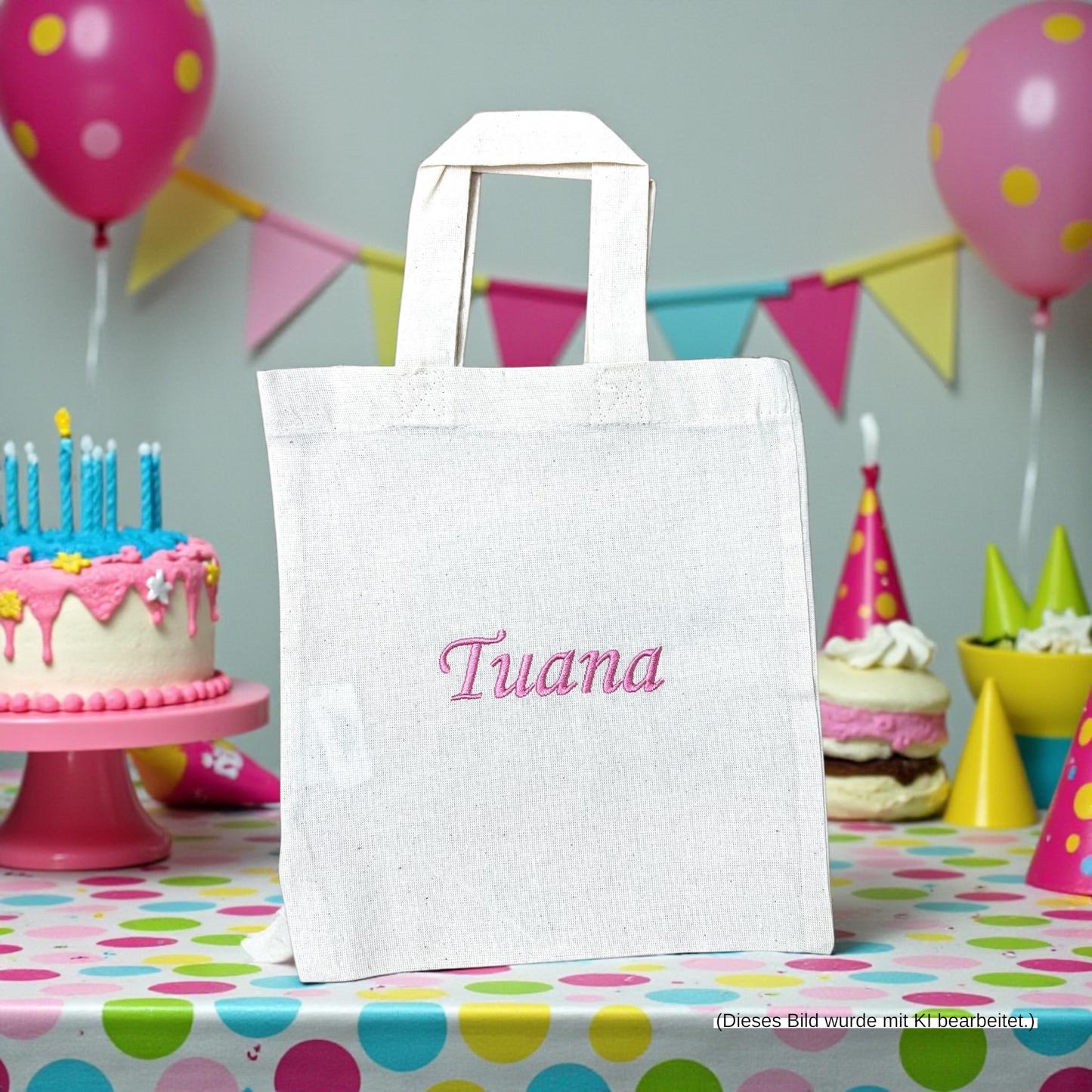 Personalisierte kleine weiße Baumwolltasche mit Wunschnamen oder Wunschtext bestickt, 100% Baumwolle, Geschenkverpackung
