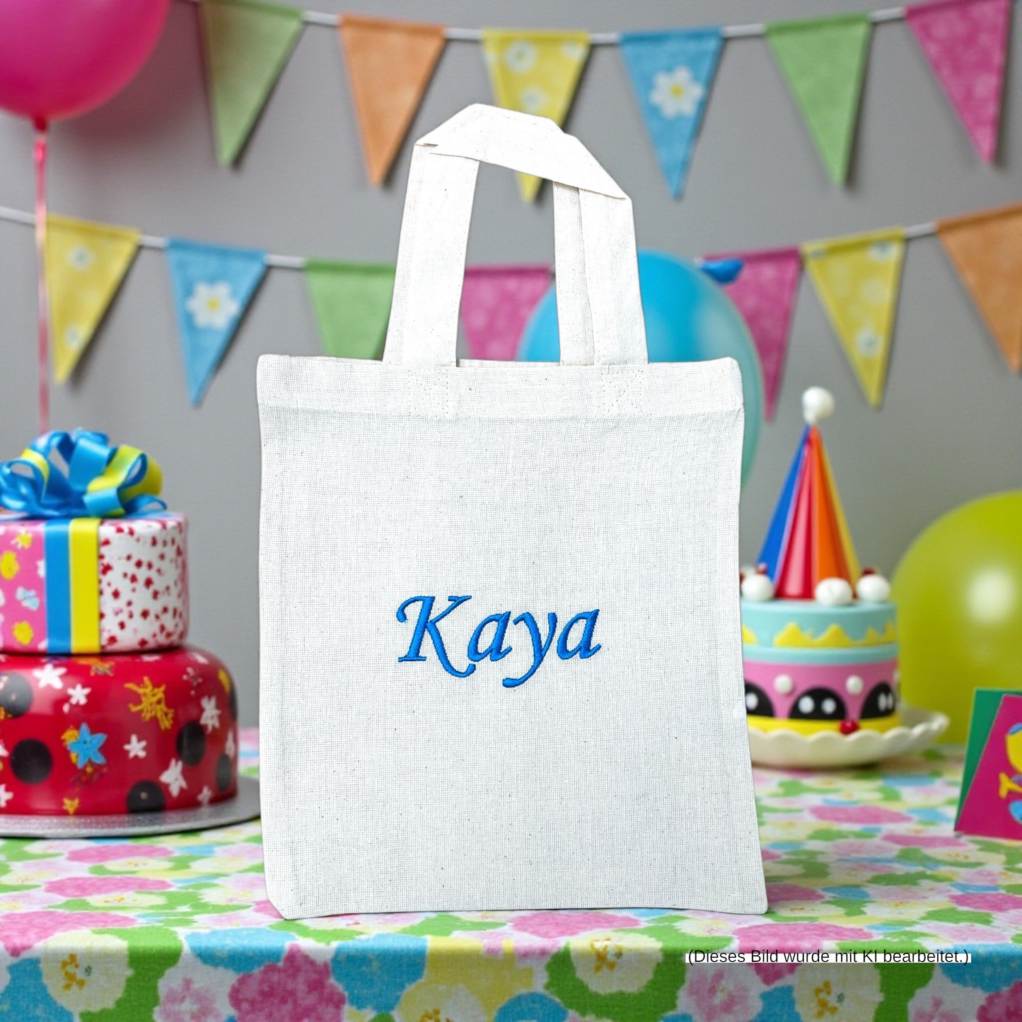 Personalisierte kleine weiße Baumwolltasche mit Wunschnamen oder Wunschtext bestickt, 100% Baumwolle, Geschenkverpackung