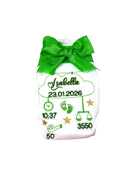 Personalisierte bestickte Windel - Geschenk zur Geburt mit Herz-Schrift & goldenen Sternen
