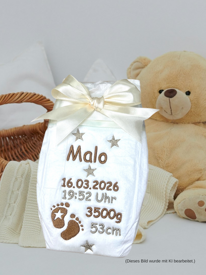 Bestickte Windel mit Name und Geburtsdaten, Sterne und Füße, Geschenk zur Geburt
