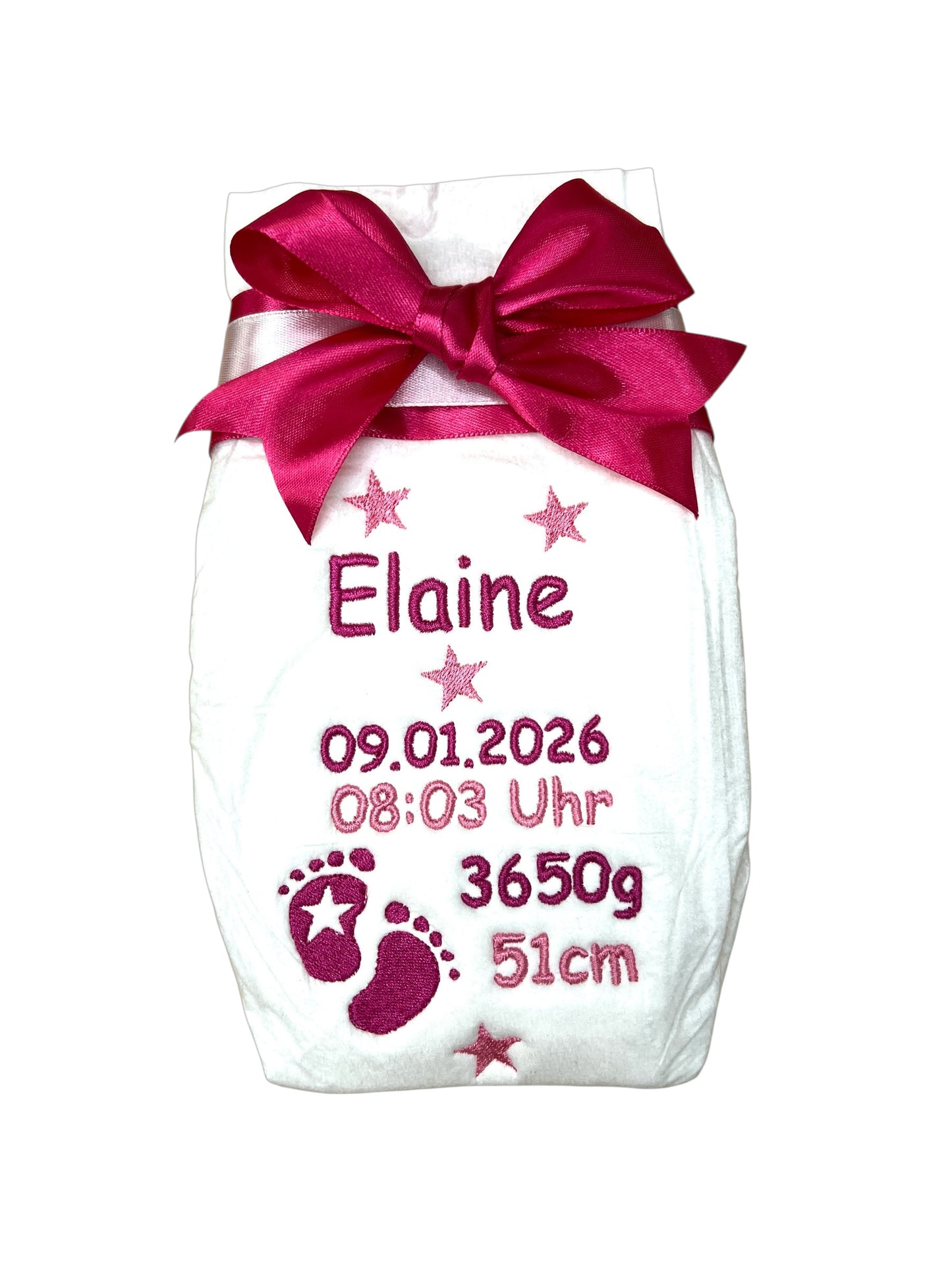 Bestickte Windel mit Name und Geburtsdaten, Sterne und Füße, Geschenk zur Geburt