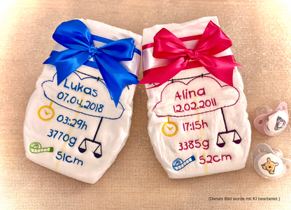 Bestickte Windel mit Name und Geburtsdaten, Geschenk zur Geburt