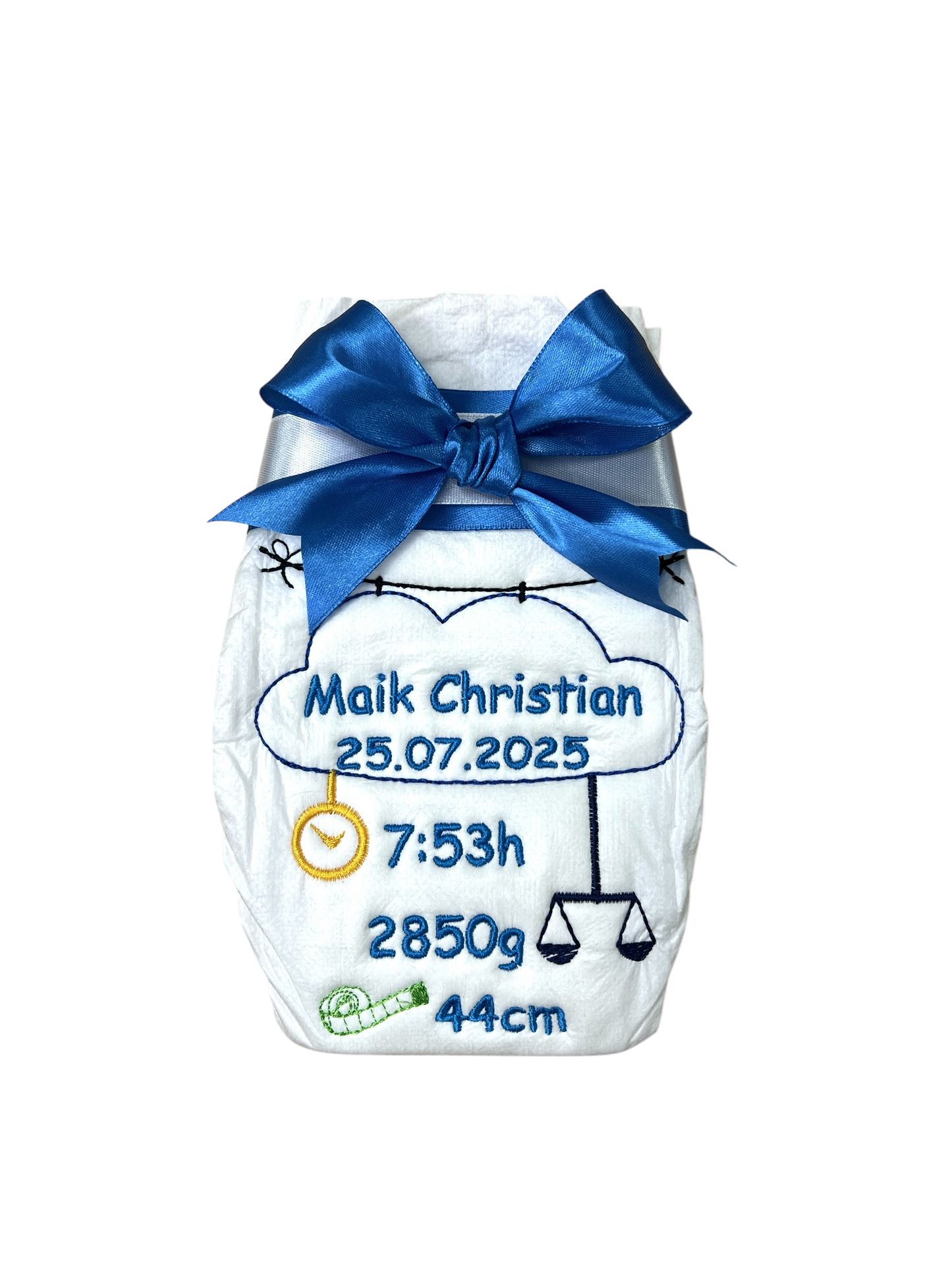 Bestickte Windel mit Name und Geburtsdaten, Geschenk zur Geburt