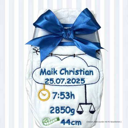 Bestickte Windel mit Name und Geburtsdaten, Geschenk zur Geburt