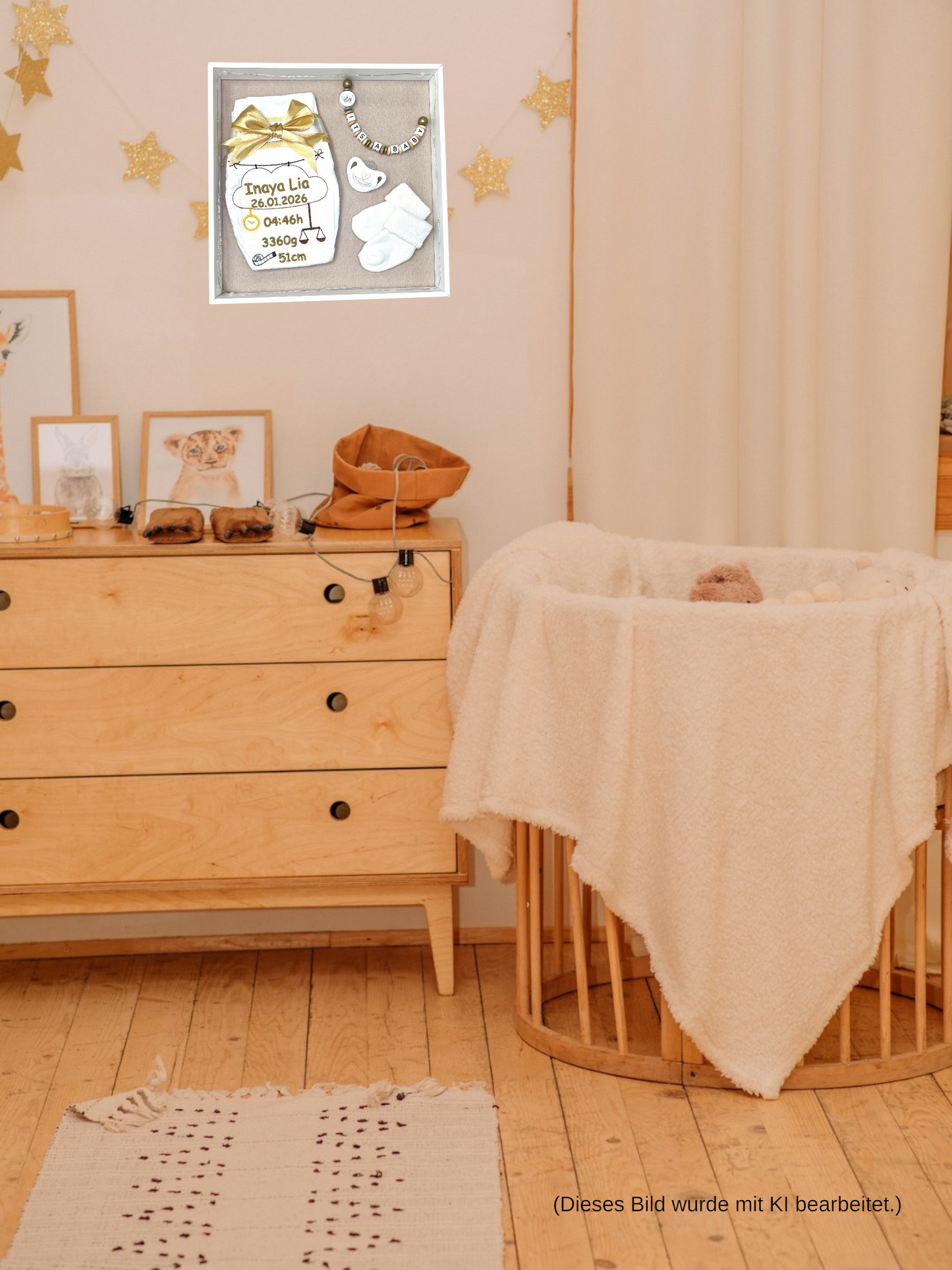 Bestickte Windel im Bilderrahmen, mit Name und Geburtsdaten, Geschenk zur Geburt