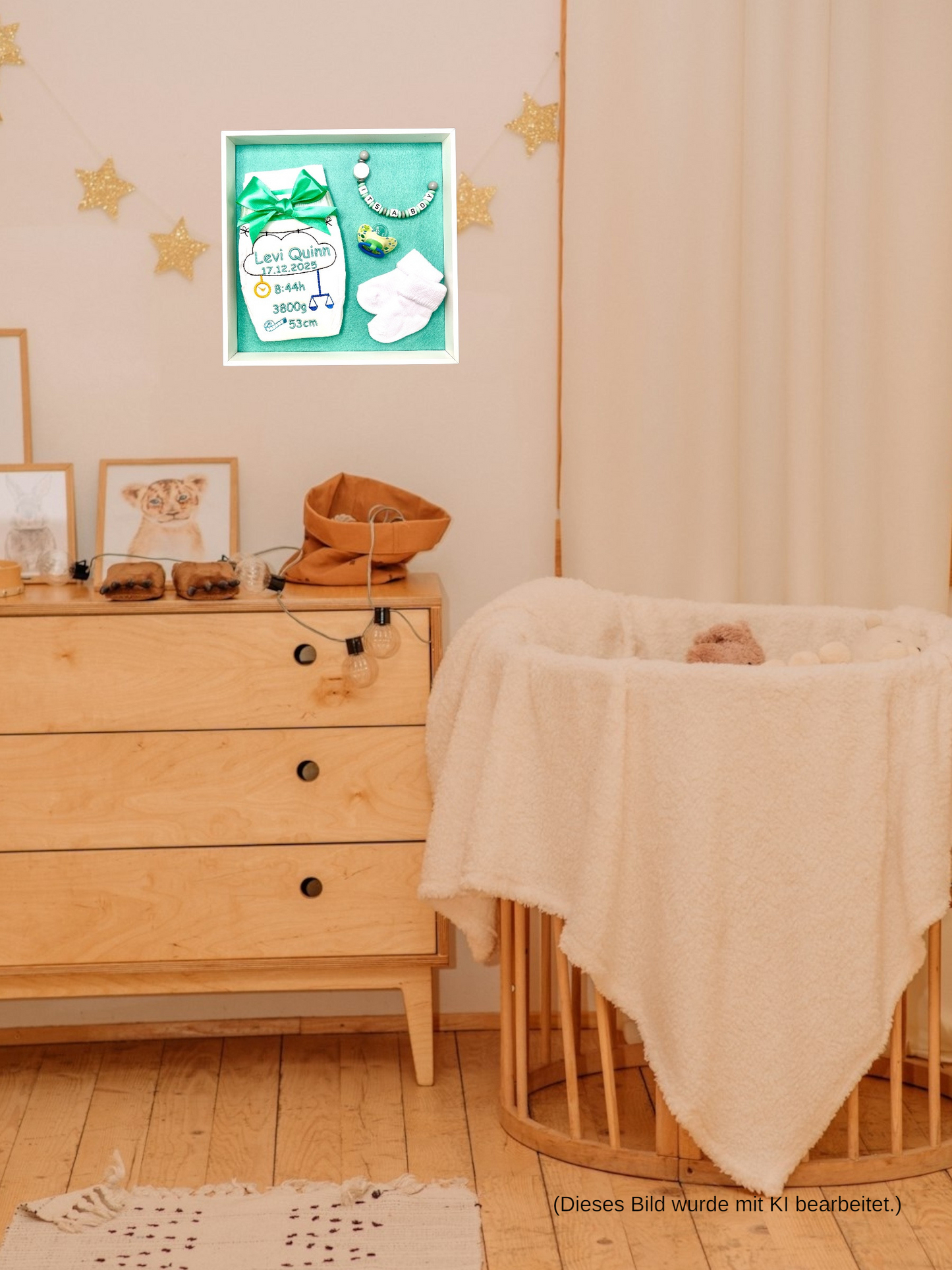 Bestickte Windel im Bilderrahmen, mit Name und Geburtsdaten, Geschenk zur Geburt
