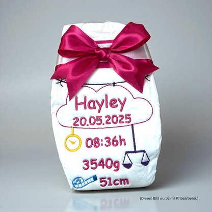 Bestickte Windel mit Name und Geburtsdaten, Geschenk zur Geburt