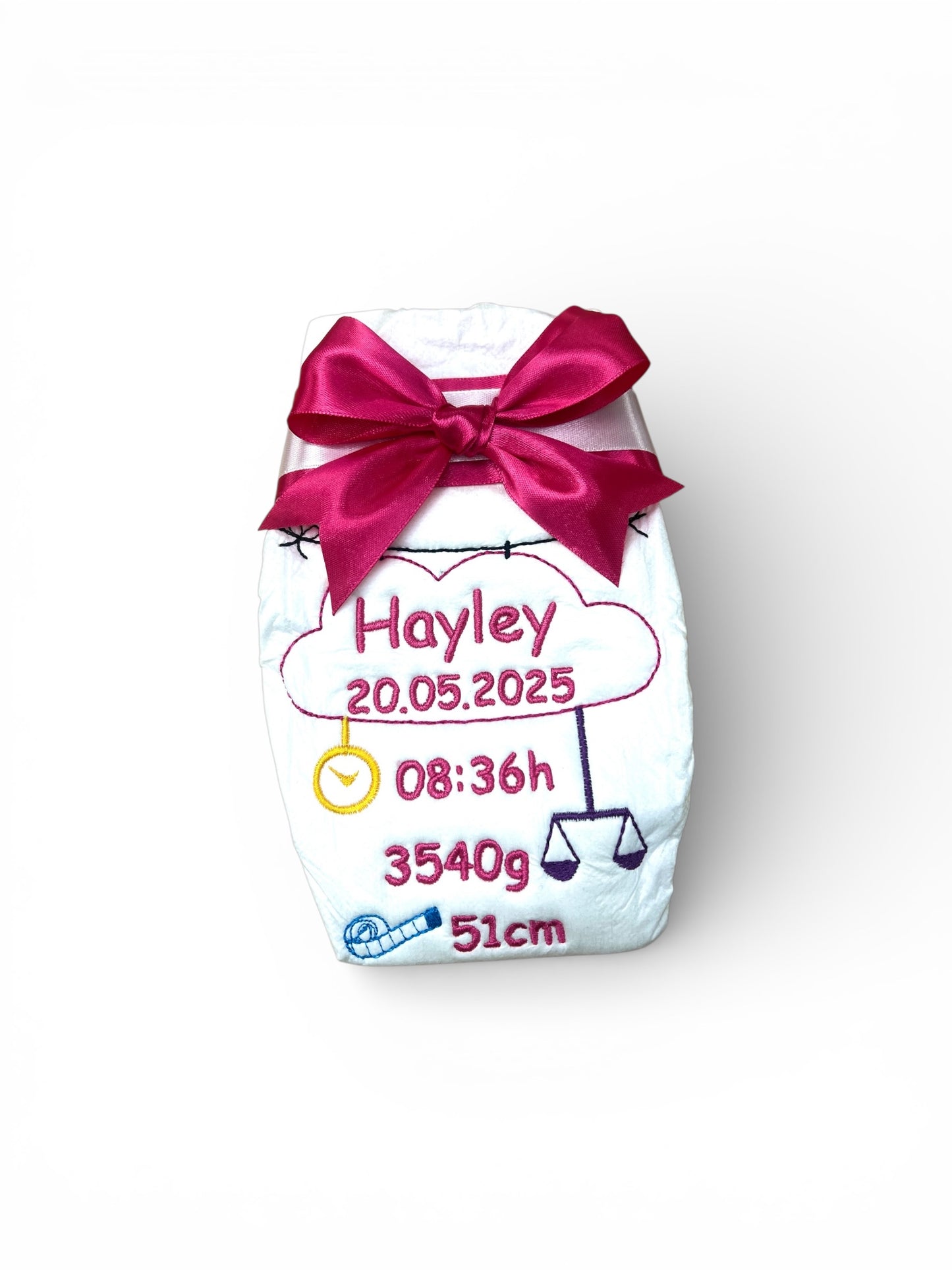 Bestickte Windel mit Name und Geburtsdaten, Geschenk zur Geburt