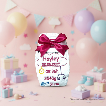 Bestickte Windel mit Name und Geburtsdaten, Geschenk zur Geburt