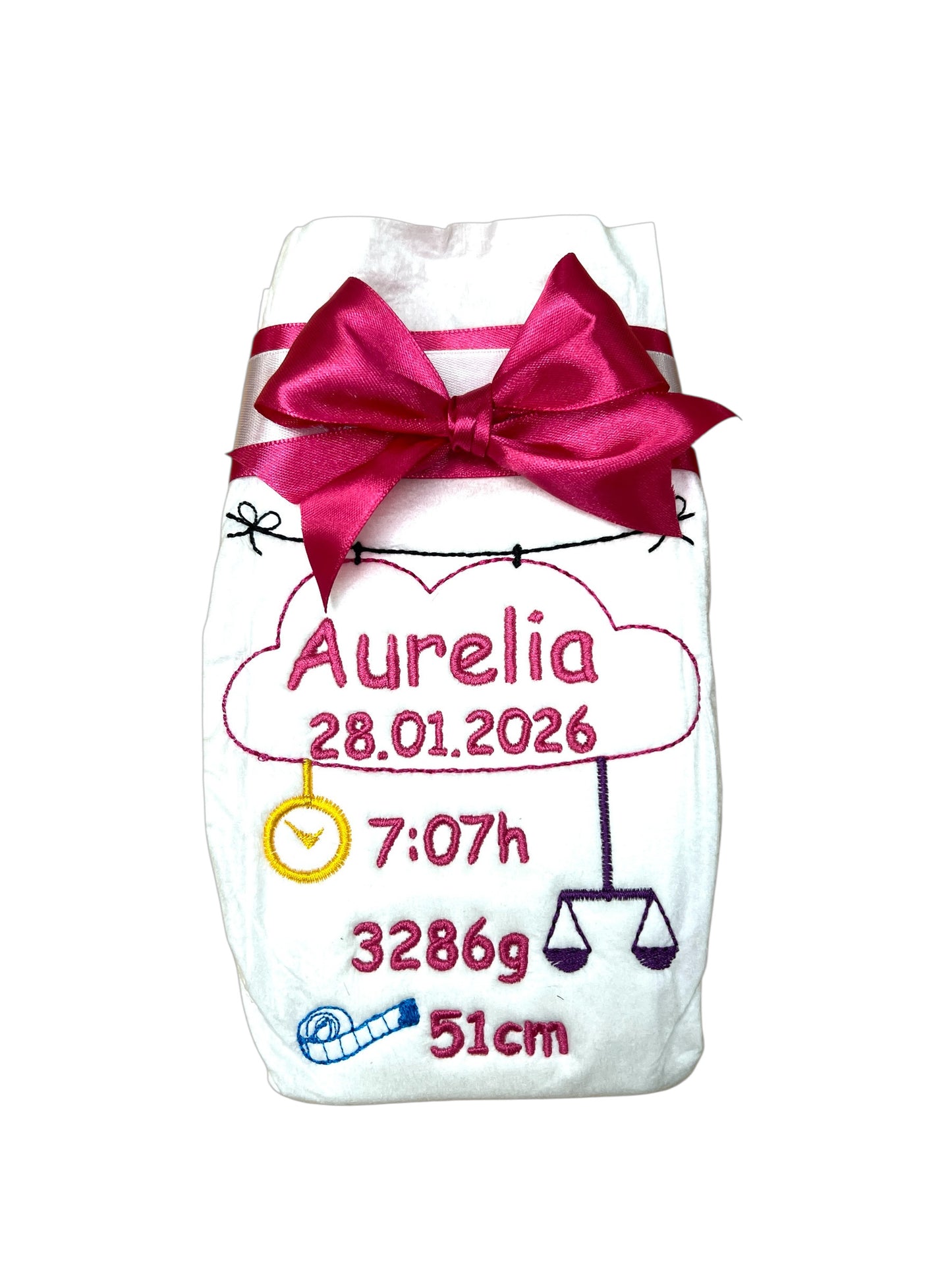 Bestickte Windel mit Name und Geburtsdaten, Geschenk zur Geburt