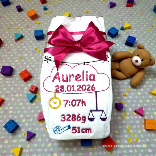 Bestickte Windel mit Name und Geburtsdaten, Geschenk zur Geburt