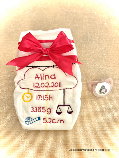 Bestickte Windel mit Name und Geburtsdaten, Geschenk zur Geburt