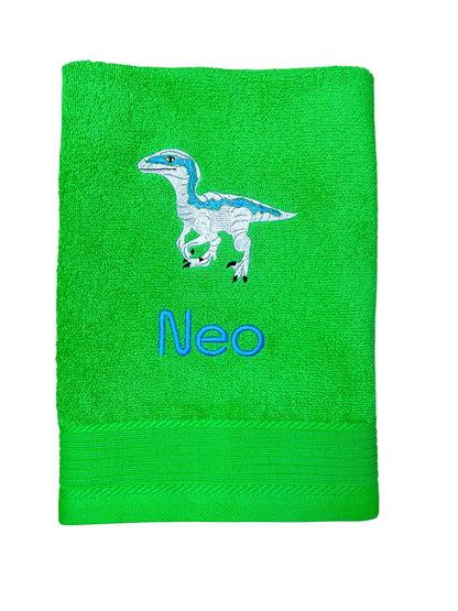 Dinosaurier Velociraptor Handtuch mit Name, Handtuch, Sauna, Wellness, Duschtuch, Geschenk
