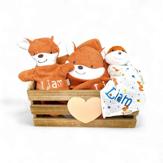Geschenkset Fuchs Filou, Kapuzenhandtuch 100x100cm, Spiel-Waschhandschuh und Schmusetuch - mit Name aufgestickt, rostrot, Sterntaler