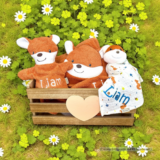 Geschenkset Fuchs Filou, Kapuzenhandtuch 100x100cm, Spiel-Waschhandschuh und Schmusetuch - mit Name aufgestickt, rostrot, Sterntaler