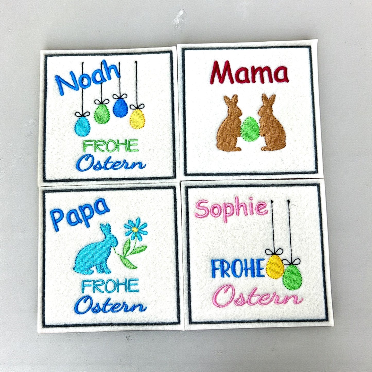 Oster Glasuntersetzer mit Name und Bild bestickt aus Filz, personalisiert