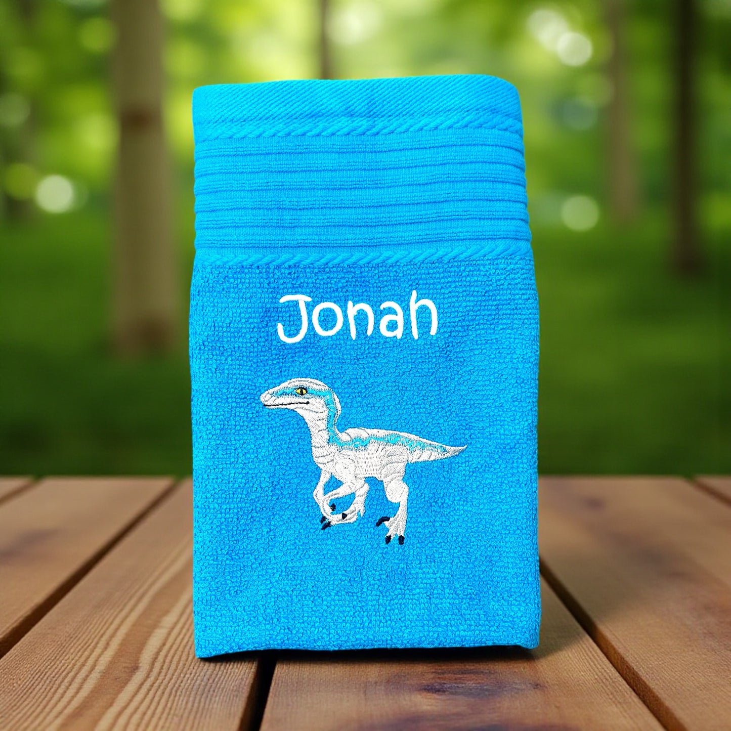 Dinosaurier Velociraptor Handtuch mit Name, Handtuch, Sauna, Wellness, Duschtuch, Geschenk