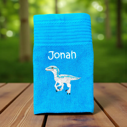 Dinosaurier Velociraptor Handtuch mit Name, Handtuch, Sauna, Wellness, Duschtuch, Geschenk