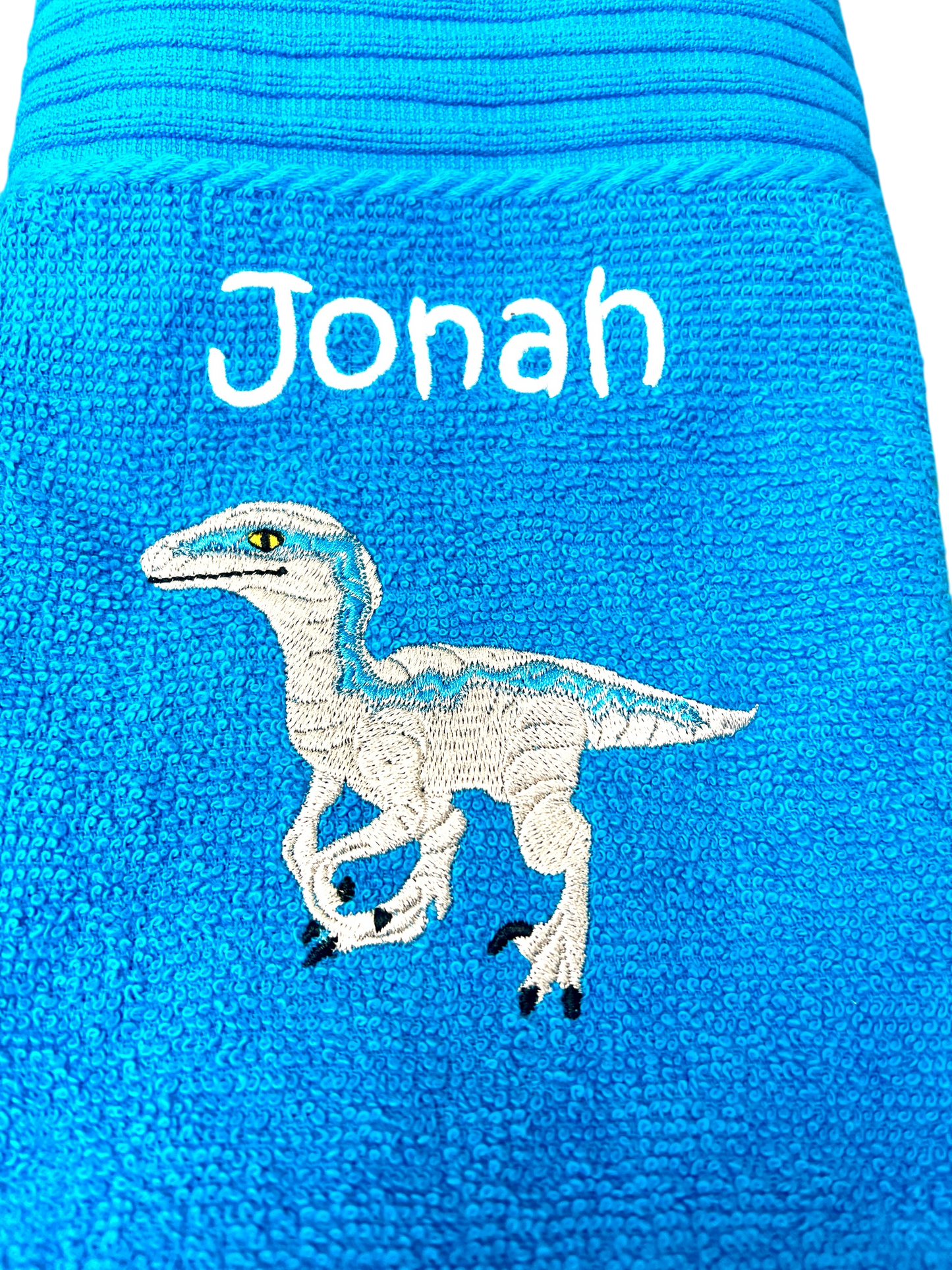 Dinosaurier Velociraptor Handtuch mit Name, Handtuch, Sauna, Wellness, Duschtuch, Geschenk