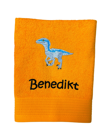 Dinosaurier Velociraptor Handtuch mit Name, Handtuch, Sauna, Wellness, Duschtuch, Geschenk