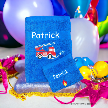 Feuerwehr Handtuch Set mit Name Handtücher Waschlappen 50x100 cm Geschenk Kinder