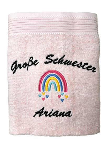 Große Schwester/Bruder Handtuch mit Name, Regenbogen, Duschtuch, Geschenk