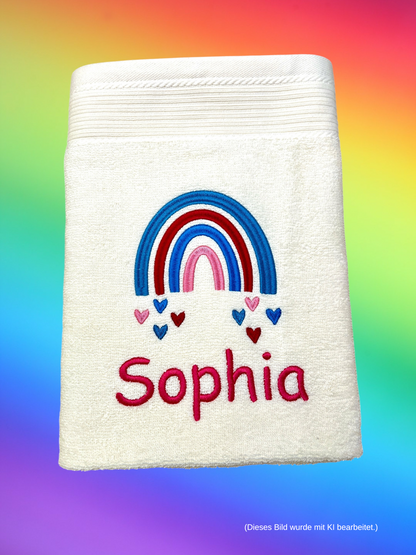 Regenbogen Handtuch mit Name bestickt, Duschtuch, Kindergarten, Sport