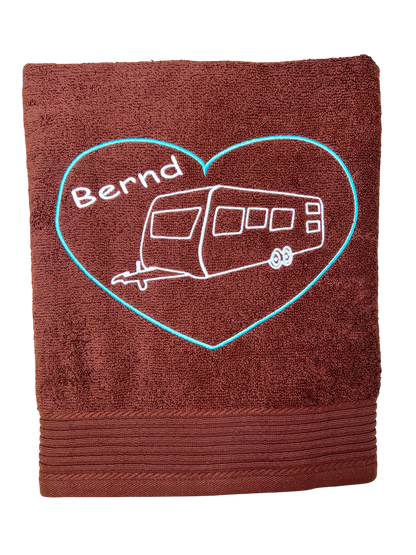Wohnwagen mit Herz Handtuch mit Name bestickt, Duschtuch, Urlaub, Strand