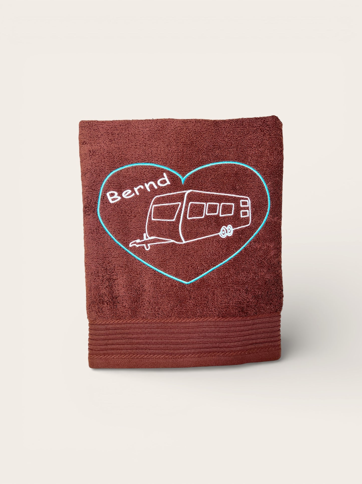 Wohnwagen mit Herz Handtuch mit Name bestickt, Duschtuch, Urlaub, Strand