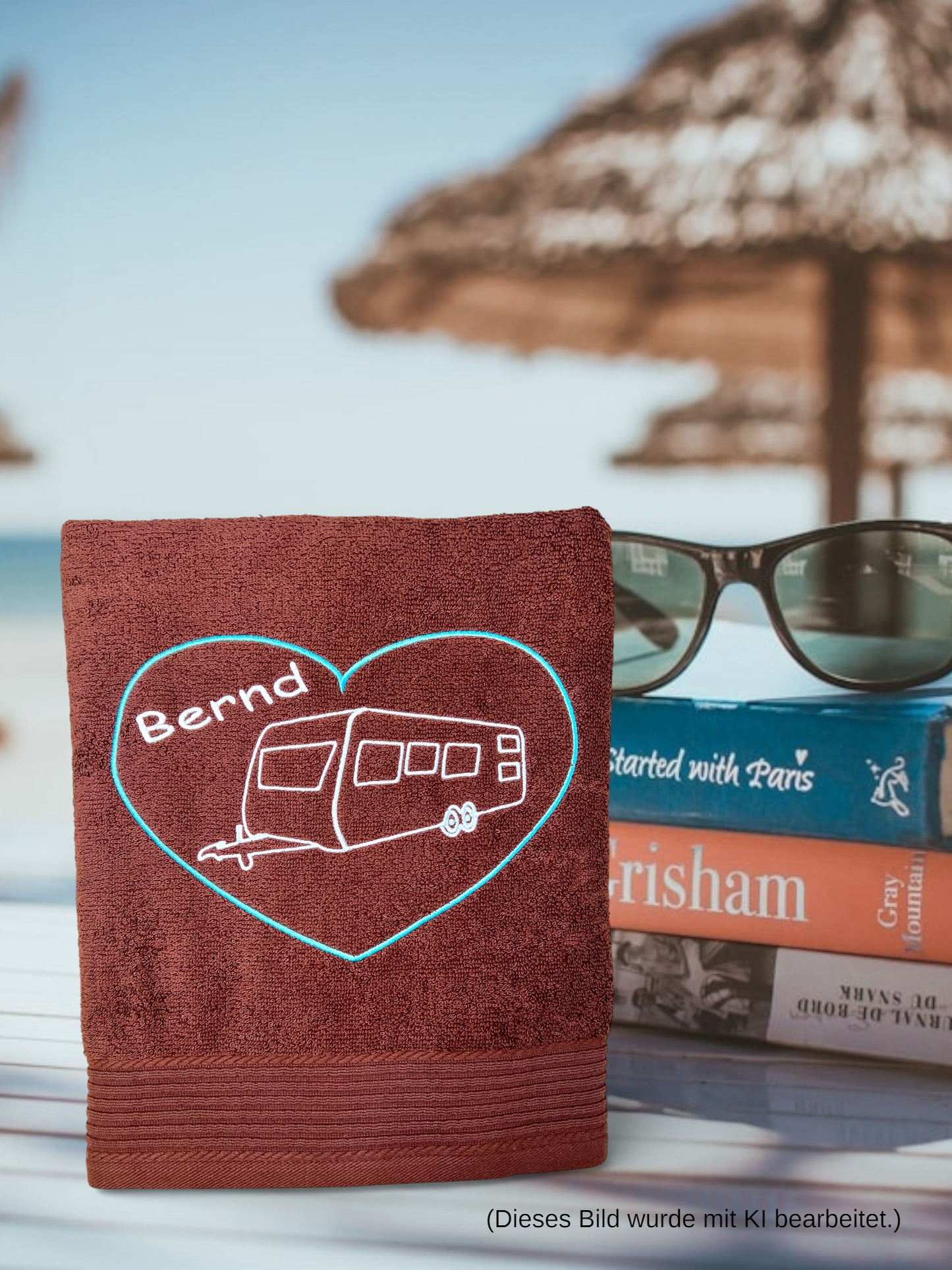 Wohnwagen mit Herz Handtuch mit Name bestickt, Duschtuch, Urlaub, Strand