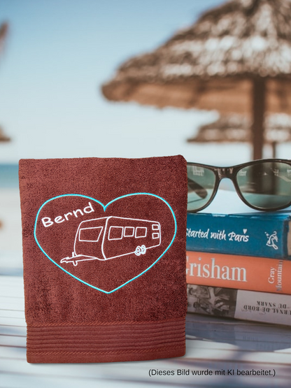 Wohnwagen mit Herz Handtuch mit Name bestickt, Duschtuch, Urlaub, Strand
