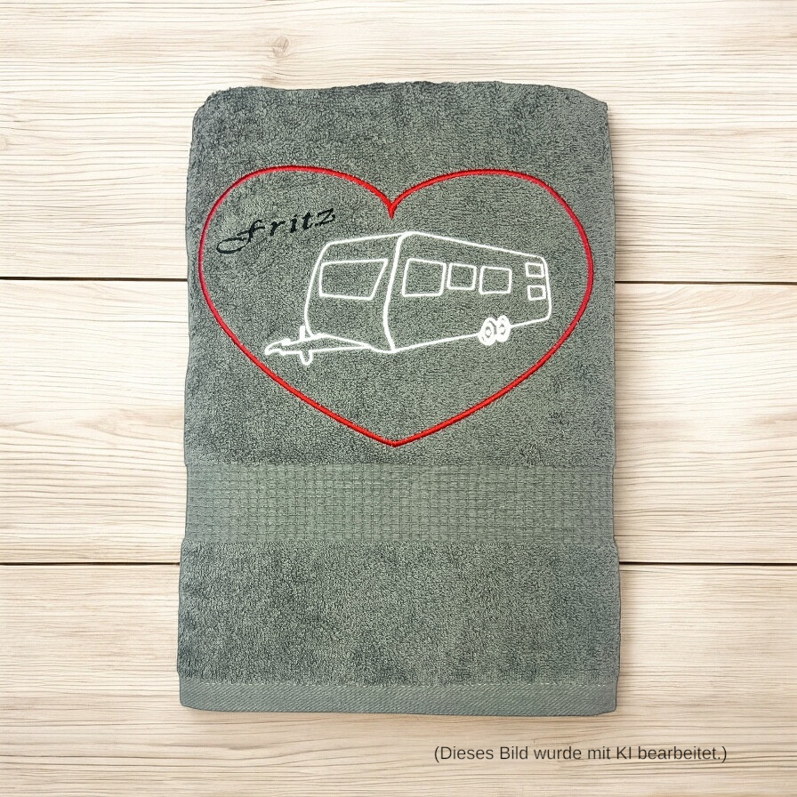 Wohnwagen mit Herz Handtuch mit Name bestickt, Duschtuch, Urlaub, Strand