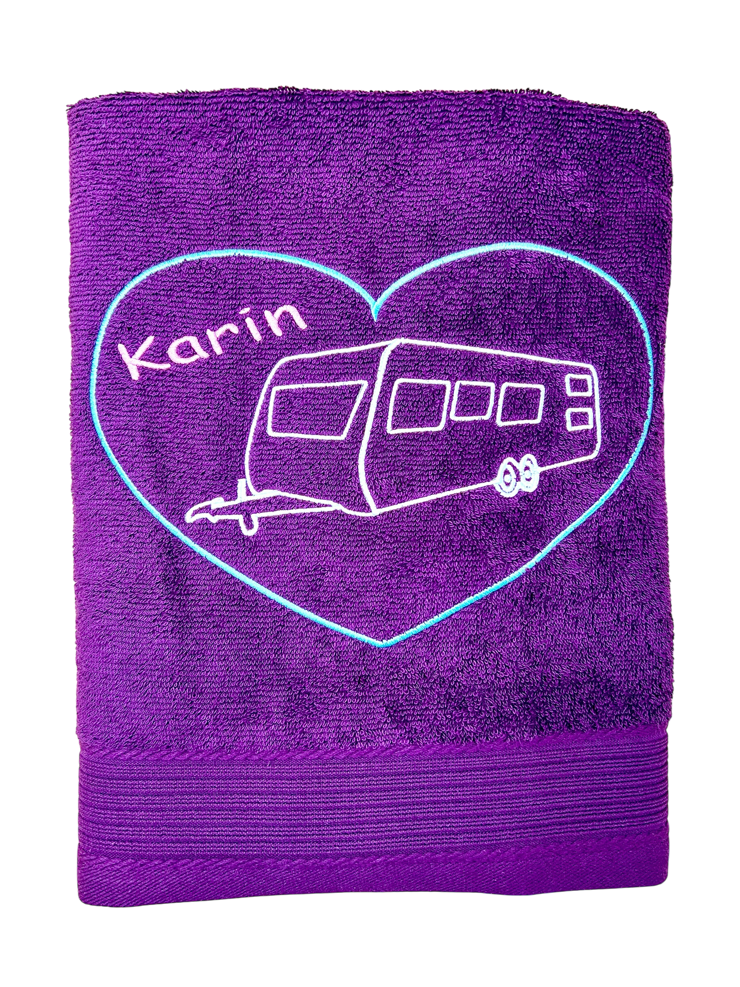 Wohnwagen mit Herz Handtuch mit Name bestickt, Duschtuch, Urlaub, Strand