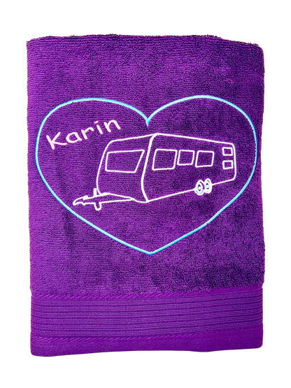 Wohnwagen mit Herz Handtuch mit Name bestickt, Duschtuch, Urlaub, Strand