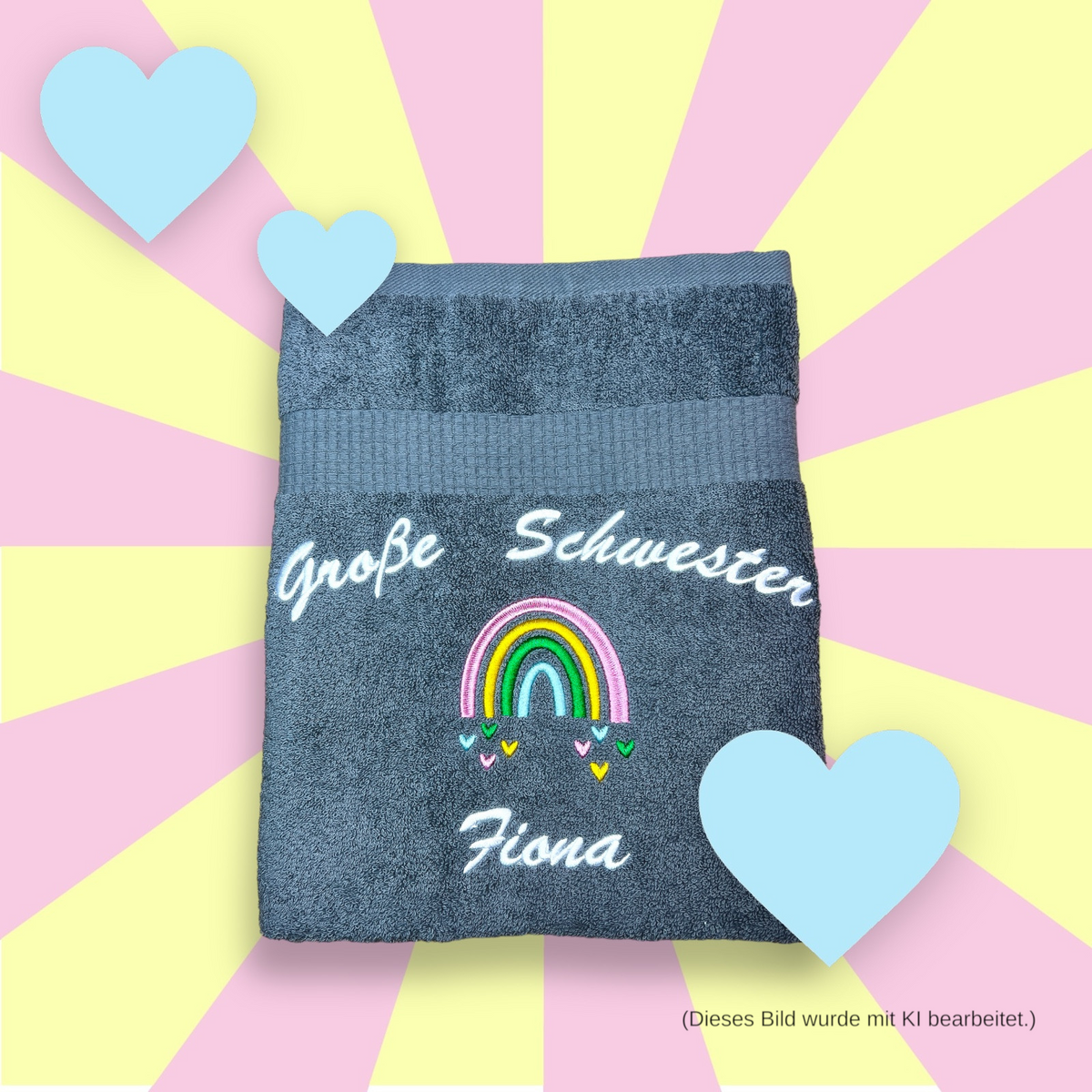 Große Schwester/Bruder Handtuch mit Name, Regenbogen, Duschtuch, Geschenk