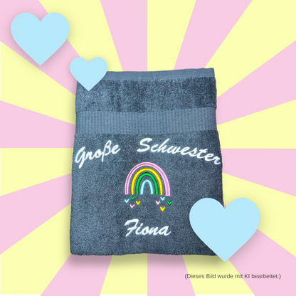 Große Schwester/Bruder Handtuch mit Name, Regenbogen, Duschtuch, Geschenk