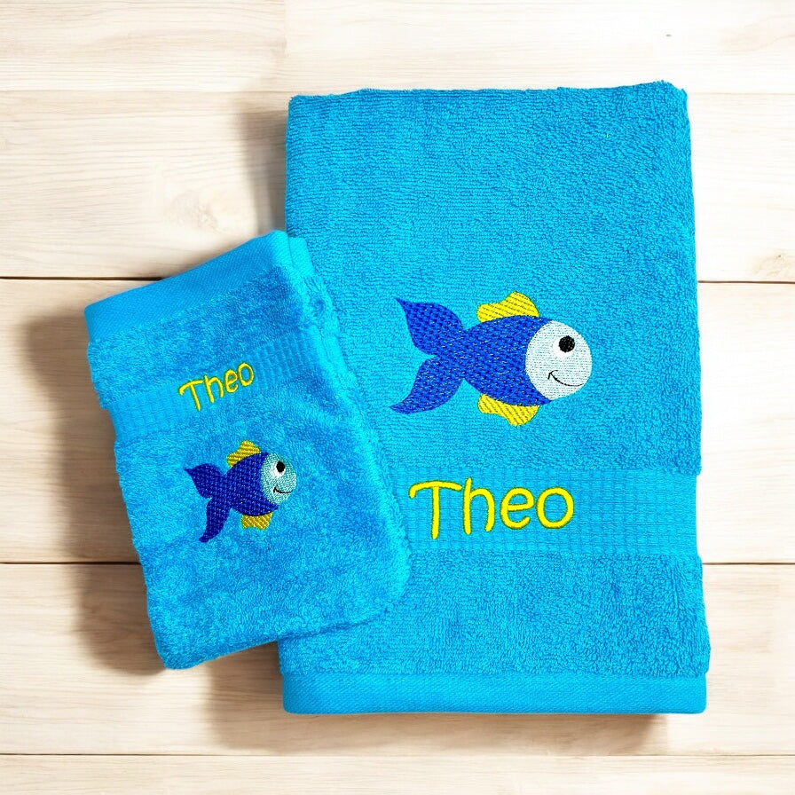 Fisch Handtuch und Waschlappen Set mit Name, Kinderhandtuch, Geschenk