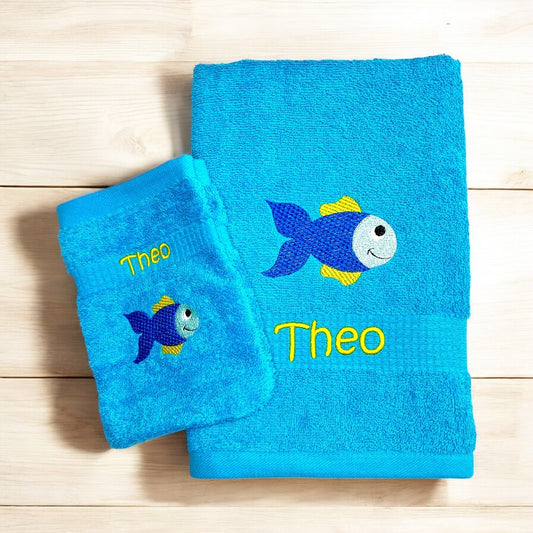 Fisch Handtuch und Waschlappen Set mit Name, Kinderhandtuch, Geschenk