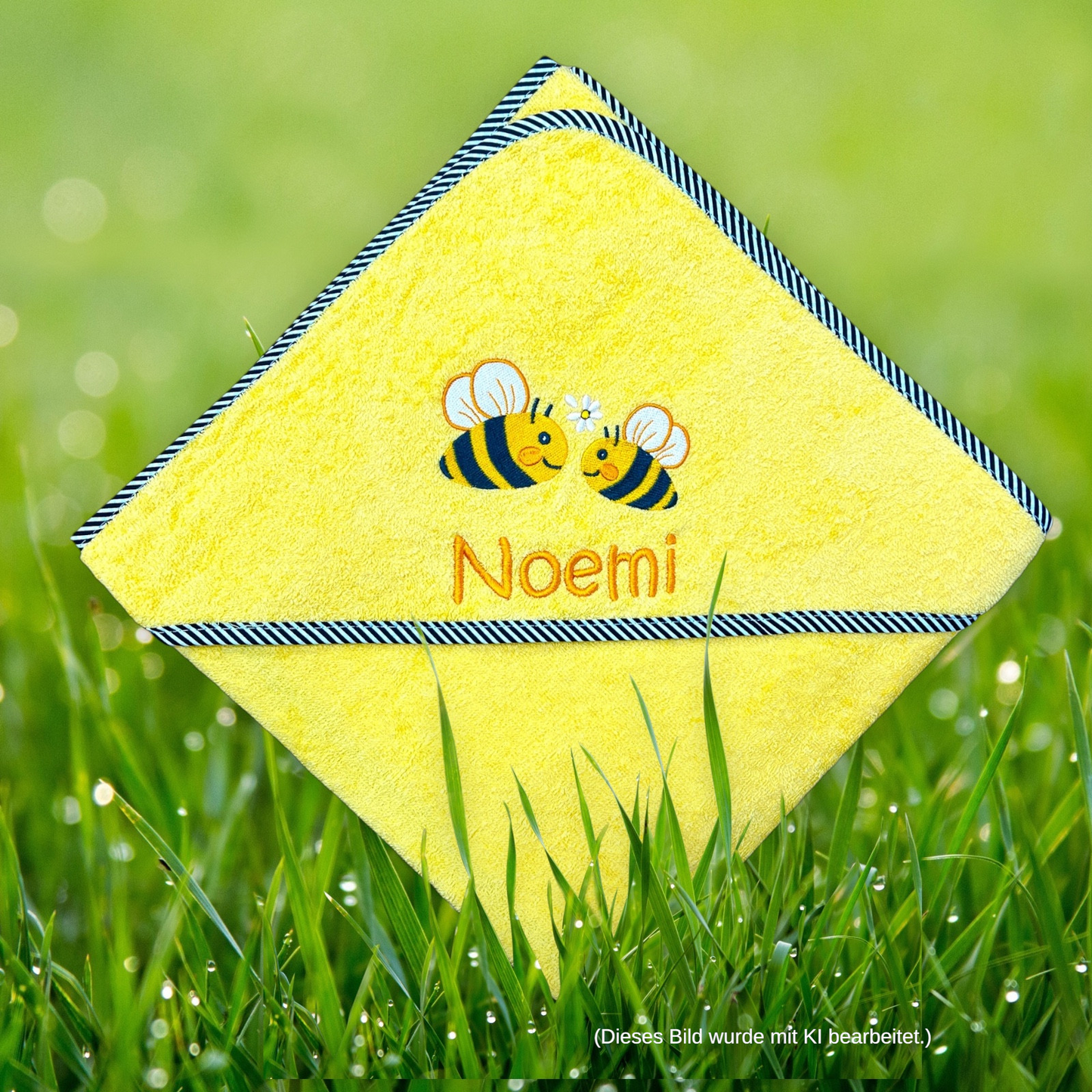 Gelbes Kapuzenhandtuch mit Name und Bienen-Motiv bestickt 100x100 cm, Baby Geschenk