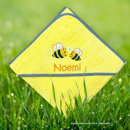 Gelbes Kapuzenhandtuch mit Name und Bienen-Motiv bestickt 100x100 cm, Baby Geschenk
