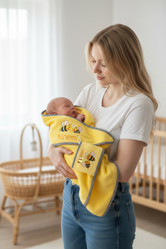 Gelbes Kapuzenhandtuch mit Name und Bienen-Motiv bestickt 100x100 cm, Baby Geschenk