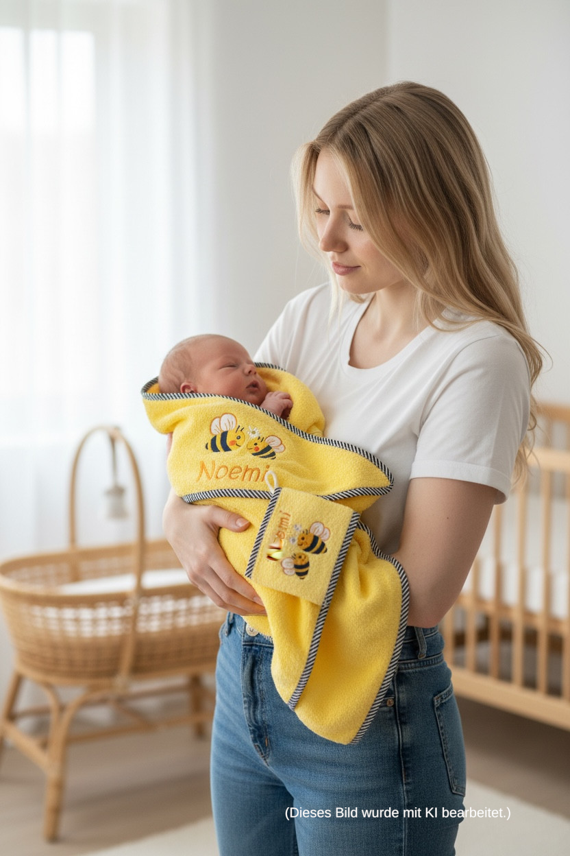 Gelbes Kapuzenhandtuch mit Name und Bienen-Motiv bestickt 100x100 cm, Baby Geschenk